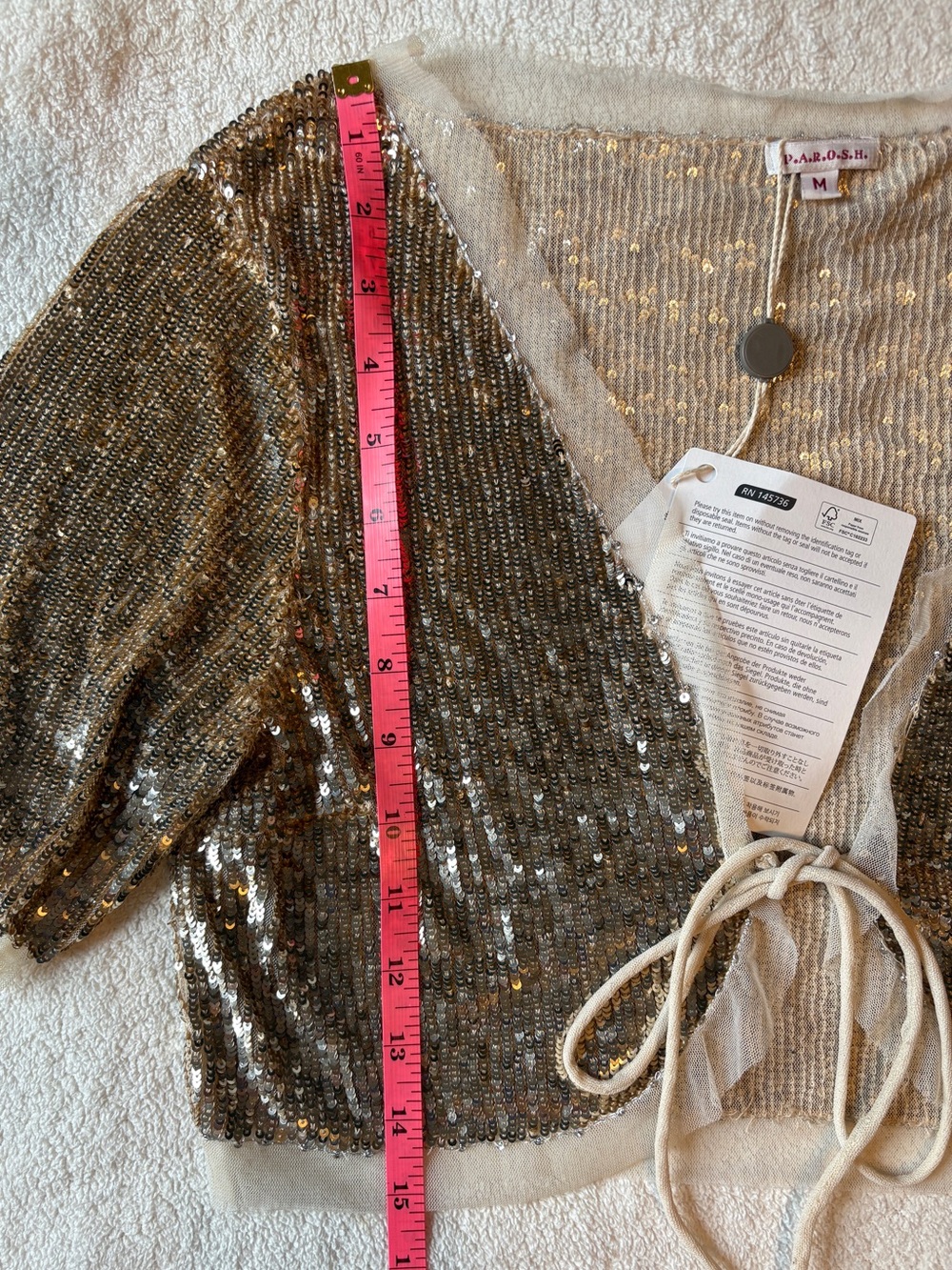 P.A.R.O.S.H bolero, gold sequins, tie front. Women’s size medium - Picture 4 of 6